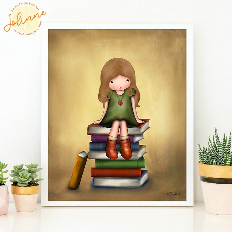 Girl on books wall art,Picture for kids room,Kids Library wall art,Reading room poster,Childrens bedroom art image 3