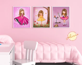 Pink nursery decor wall art, Set of 3 posters girls bedroom,Whimsical wall art kids room,Princess poster,Custom hair skin,8x10" and up