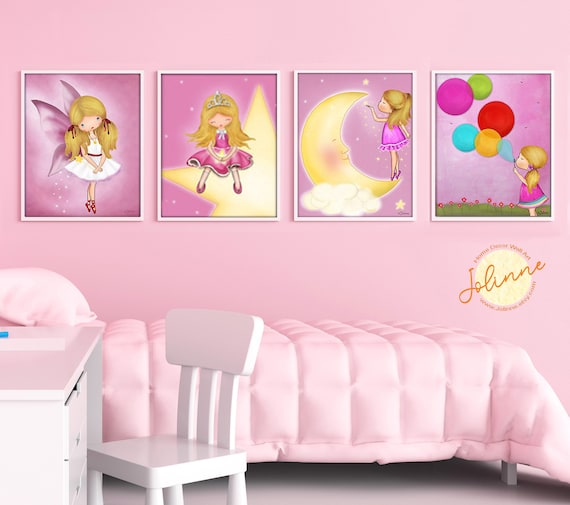 Set of 4 Kids Wall Art Girls Room Decor Nursery Art Pink | Etsy