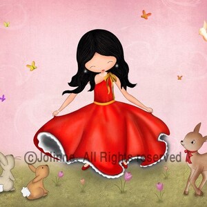 May include: A young girl with long black hair wears a red dress with a white lace trim. She is twirling in a field with two bunnies and a fawn. Butterflies and birds are flying in the background.
