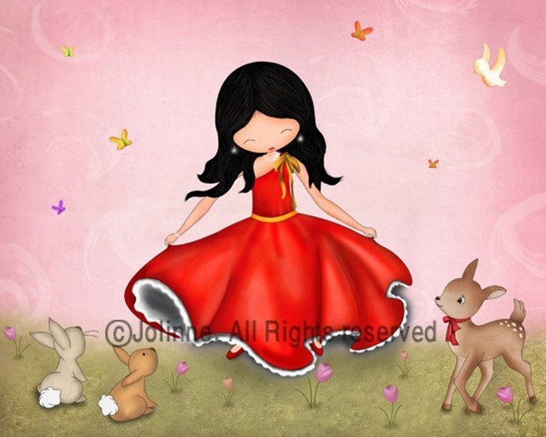 May include: A young girl with long black hair wears a red dress with a white lace trim. She is twirling in a field with two bunnies and a fawn. Butterflies and birds are flying in the background.