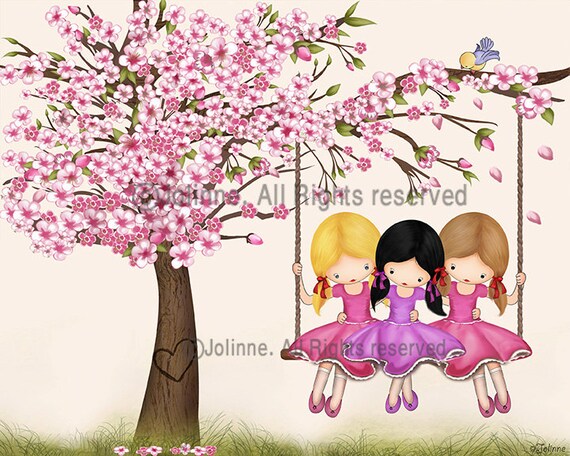 Arbre De Fleur De Cerisier Wall Art Trois Sœurs Cette Affiche Murale Chambre Chambre De Filles Enfants Art Affiche Murale Les Filles Sur La
