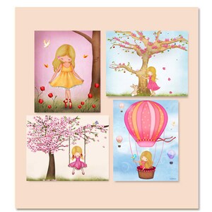Set of 4 girl room prints,8x10 art print set of 4 kids,Toddler girl prints for bedroom,Wall decor girl bedroom baby nursery,Hot air balloon image 1