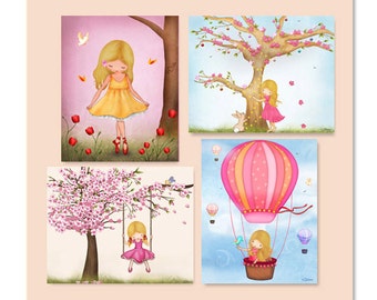Set of 4 girl room prints,8x10 art print set of 4 kids,Toddler girl prints for bedroom,Wall decor girl bedroom baby nursery,Hot air balloon