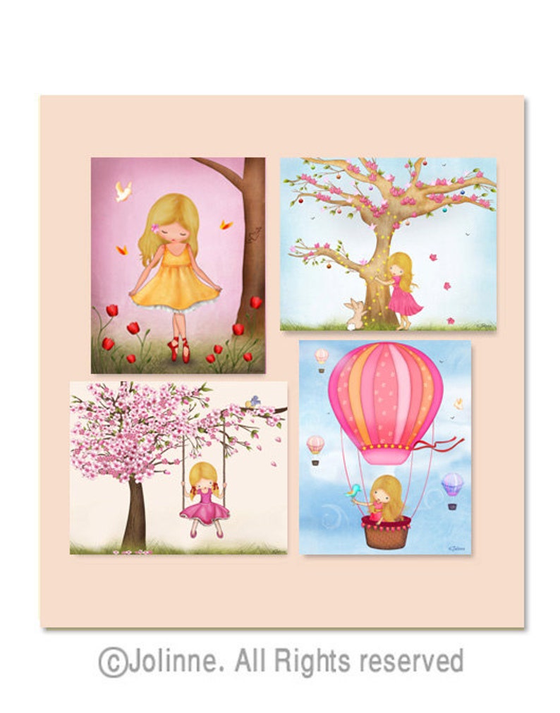 Set of 4 girl room prints,8x10 art print set of 4 kids,Toddler girl prints for bedroom,Wall decor girl bedroom baby nursery,Hot air balloon image 1