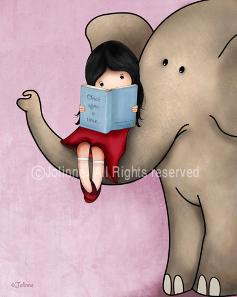 Girl reading a book on an elephant art print,Girl reading books wall art,book art nursery,book corner child room,8x10 nursery art image 7