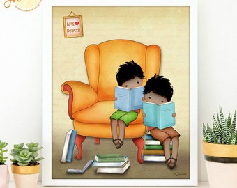 We Love Books Brothers Affiche d’art mural, Décoration de chambre pour enfants, Lecture de livres Coin Œuvres d’art, Chambre des frères jumeaux, Impression d’art pour enfants