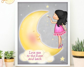 Love you to the Moon and Back Phrase Wall Art,Girls Room Decor, Kids Bedroom print,Baby Nursery Poster,Grey Yellow Pink