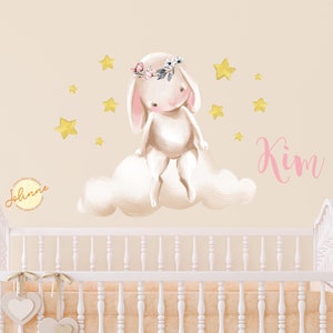 Baby girl nursery wall sticker,Custom name Nursery wall decals,Bunny nursery wall decal,Nursery wall vinyl sticker,Baby girl room wall decal