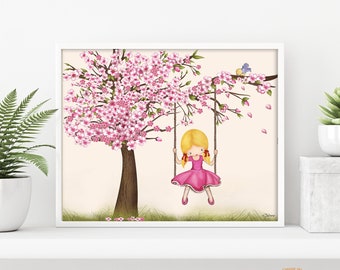 Girl room cherry blossom,Cherry blossom tree picture,Girls room wall art,Girls room decor,Kids room decor,Girl nursery art,Artwork girl room