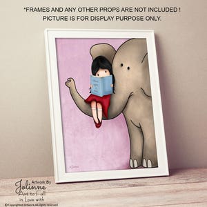 Girl reading a book on an elephant art print,Girl reading books wall art,book art nursery,book corner child room,8x10 nursery art image 2