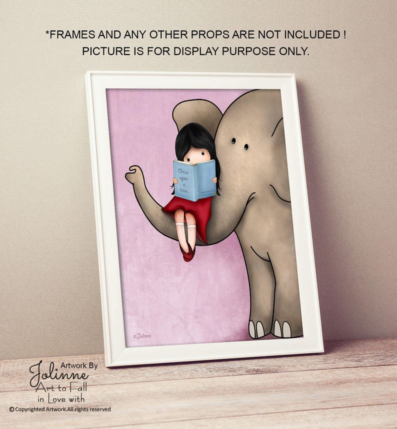 Girl reading a book on an elephant art print,Girl reading books wall art,book art nursery,book corner child room,8x10 nursery art image 2