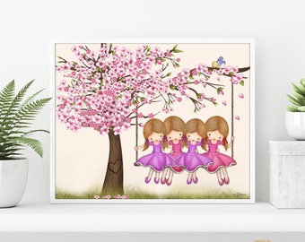 Sisters room wall art,Four girls room decor,Cherry blossom tree nursery wall art,Baby room poster,Custom print girls room gift
