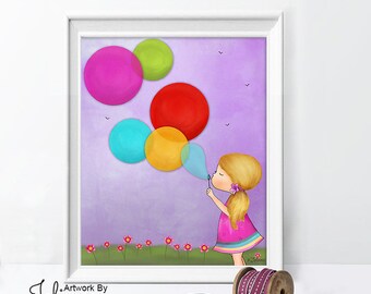 Girl blowing bubbles wall art print,Girls room wall art poster,girl bedroom art,wall art girl room,girl room decor,kid room decor