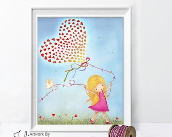 Girl holding hearts balloon kids wall art,Baby girl nursery wall art print,toddler girl bedroom decor