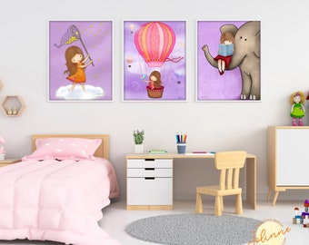 Pictures for girls room set,Set of 3 posters  for kids room,Childresn wall art , Toddler girl room decor