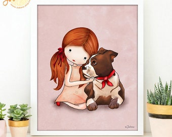 Poster for Girls room, Kids Room Picture, Illustration for Children's Room, Personalized Wall Art, Custom hair skin color, Girl and puppy