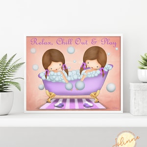 Kids bathroom wall art,Sisters shared bath decor,Bathtub wall art,Girls bathroom artwork,Twins art home decor,Poster kids,Custom Hair Skin