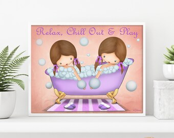 Kids bathroom wall art,Sisters shared bath decor,Bathtub wall art,Girls bathroom artwork,Twins art home decor,Poster kids,Custom Hair Skin