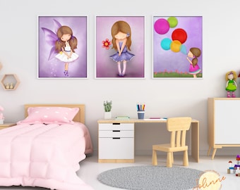 Girls purple room art, Set of pictures for girls room,Girls bedroom wall art, Kids room decor, Baby girl room art