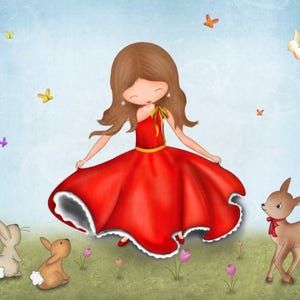 May include: A young girl with long brown hair wears a red dress with a white lace trim. She is surrounded by butterflies, a fawn, and two rabbits. The background is a light blue sky with clouds.