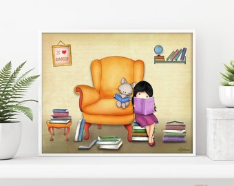 Girl reading Books art prints,children's room,Reading room posters, book nook decoration, preschool library art, reading books wall art