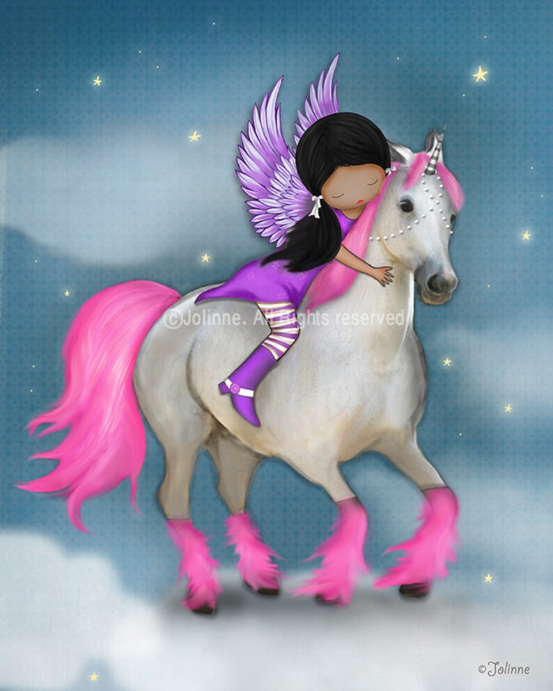 May include: A purple-winged fairy with long black hair rides a white unicorn with pink mane and tail. The unicorn has pink feathered legs and a silver horn. The fairy is wearing a purple dress and purple boots. The background is a blue sky with white clouds and yellow stars.
