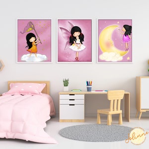 Set of 3 posters for girls room,Girl bedroom art,Girl room decor,Pink girls bedroom decor wall art,Fairy girl poster,Nursery decor girl