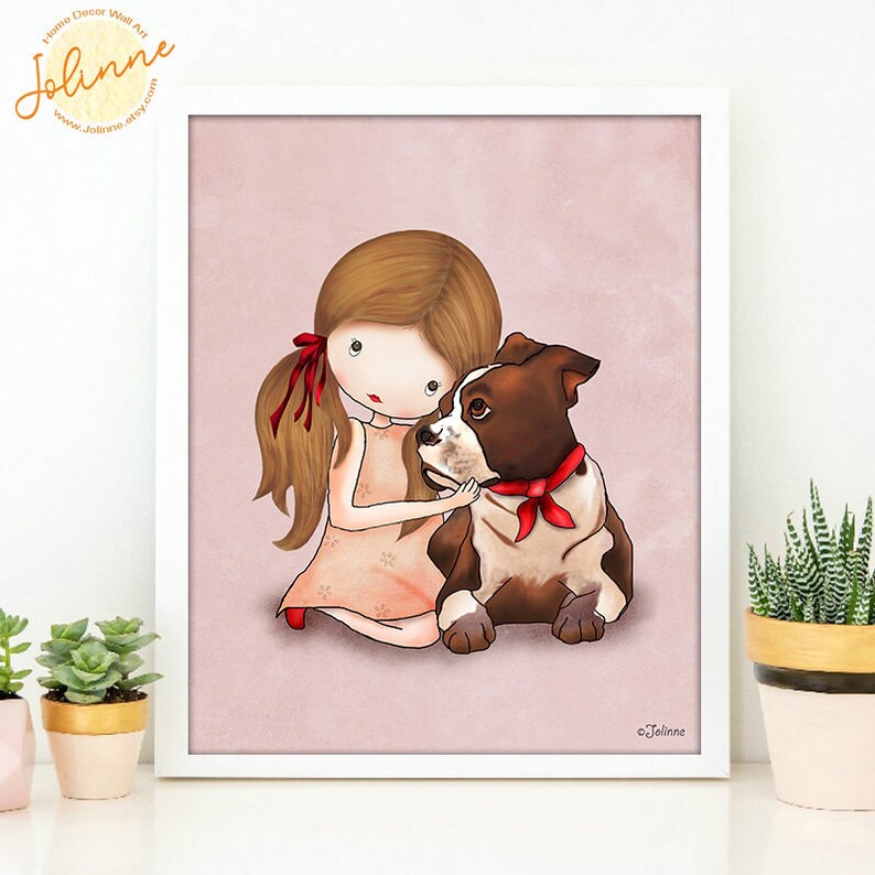 Girl and Puppy Art Print, Kids Room Decor, Personalized Gift image 2