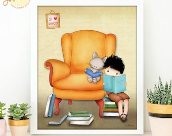 Book corner child room,book corner boy print nursery,book lover wall art kid,book nook for toddler boy,book nook poster,book reading art