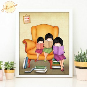 We love books,Wall art for kids room,Girls room decor,Sisters room decor,Reading books wall prints,Library art,Library wall poster