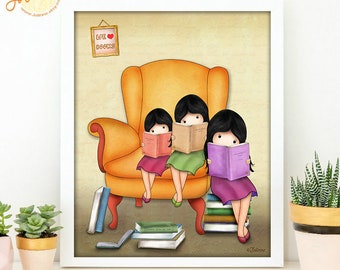 We love books,Wall art for kids room,Girls room decor,Sisters room decor,Reading books wall prints,Library art,Library wall poster