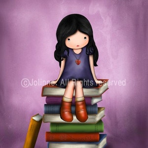 Girl on books wall art,Picture for kids room,Kids Library wall art,Reading room poster,Childrens bedroom art image 4