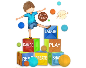 Playroom Wall Decal, Custom Boy on Blocks, Children's Room Decor