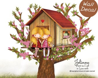 Girls in Tree House Wall Decal Sisters Room Wall Decor Vinyl Big Wall Sticker Cherry Blossom Tree Kids Artwork Nursery Wall Decoration