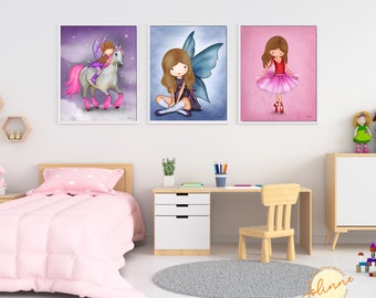 Set of 3 pictures for girls room,Posters toddler bedroom,Ballerina print,Fairy wall art,Unicorn decor,decorate kids playroom, Customizable