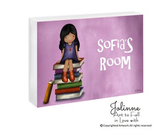 African American girl art,Personalized door sign,Custom Plaque girls room,Dark skin girl Door sign,Books reading name sign,Teacher room sign