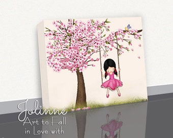 Cherry Blossom Tree Canvas, Girl on Swing, Kids Wall Art