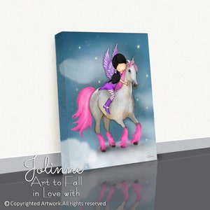 May include: A digital painting of a fairy riding a white unicorn with pink mane and tail. The unicorn has pink hooves and the fairy is wearing a purple dress and wings. The background is a blue sky with stars.
