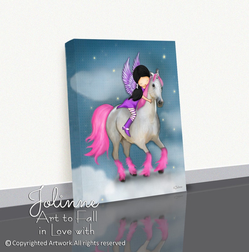 May include: A digital painting of a fairy riding a white unicorn with pink mane and tail. The unicorn has pink hooves and the fairy is wearing a purple dress and wings. The background is a blue sky with stars.