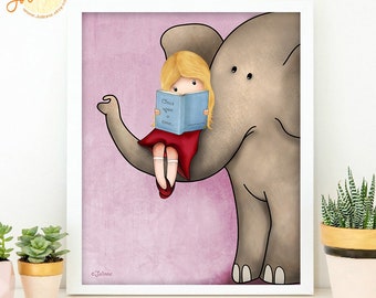 Elephant Nursery Wall Art Print, Blonde Girl Reading Room Decor, Pink Elephant Poster, Girls Bedroom Art, Baby Room Gift