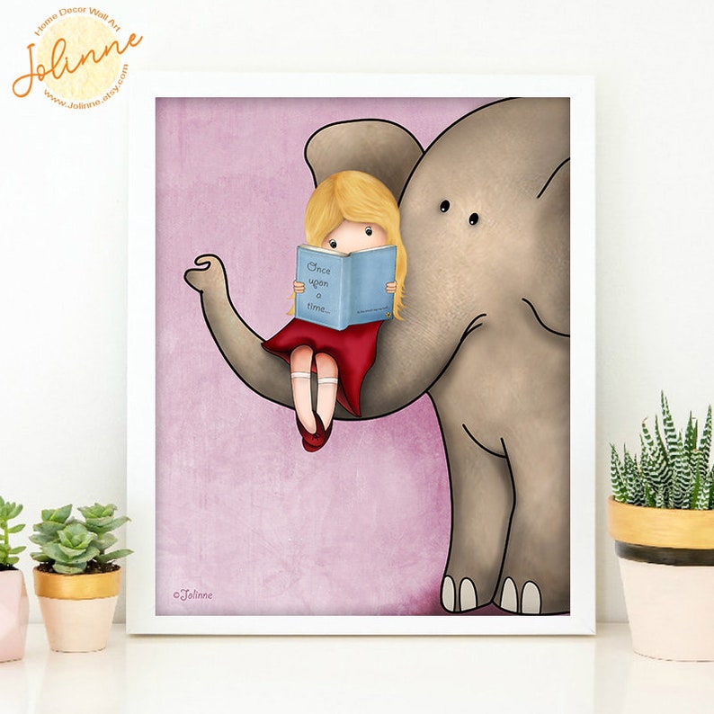 elephant reading books art print kids room