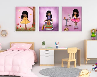 African American girls wall art,Girls room pictures set of 3, Custom hair skin color