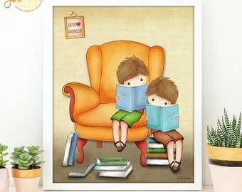 Boys reading books wall art,Reading books kids decor,Kids room wall art,Kids room decor,Books reading wall prints,Brothers room decor