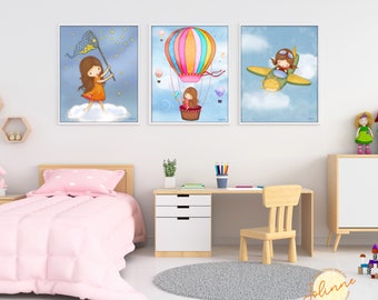 3 Set girl bedroom art,Wall art for girls room, Nursery wall decor,Toddler girls room posters set,air balloon girl bedroom,Granddaughter art