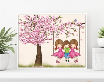 Brother Sisters bedroom picture, Poster for kids room, boy girls art prints,Picture for childrens room,Kids decor,Custom Hair & Skin Color