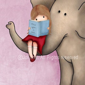 Girl reading a book on an elephant art print,Girl reading books wall art,book art nursery,book corner child room,8x10 nursery art image 3