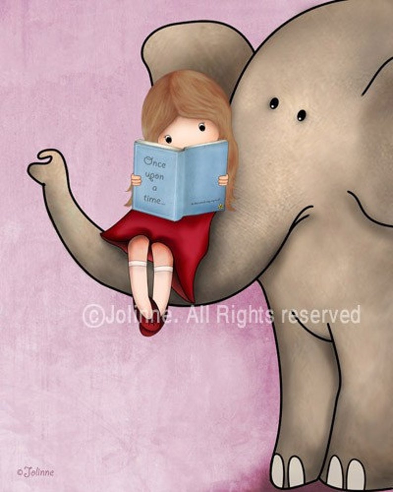 Girl reading a book on an elephant art print,Girl reading books wall art,book art nursery,book corner child room,8x10 nursery art image 3