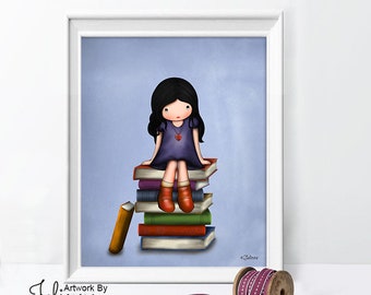 Girl reading books picture,child reading poster,reading picture,reading poster for kid,book corner reading,reading nook wall canvas