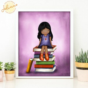 Girl on books wall art,Picture for kids room,Kids Library wall art,Reading room poster,Childrens bedroom art image 2